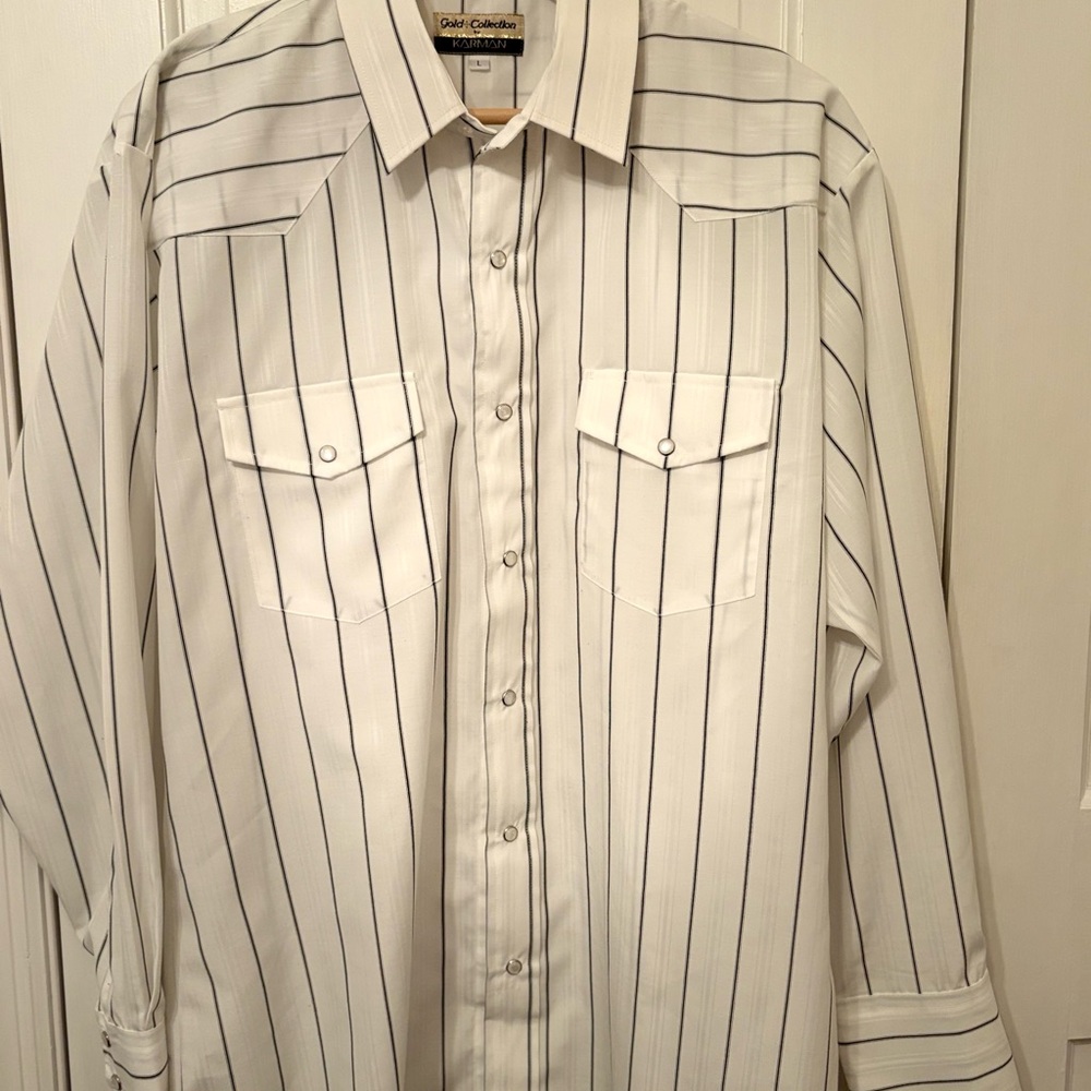 VTG Karman Gold Collection Men Shirt Lg. White/Navy Cowboy Pearl Snap Pinstripe